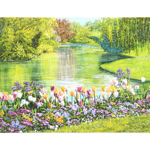 Kort med maleri av en elv og blomster. Bilde.