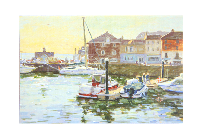 Postkort med maleri av en havn med båter. Bilde.