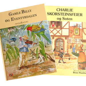 Barnebøker, Gamle Billy og Eventyrdalen og Charlie skorsteinsfeier og Soten. Bilde.