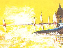 Kort med maleri av seilbåter på sjøen. Bilde.