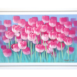 Kort med maleri av rosa tulipaner i blomst. Bilde.