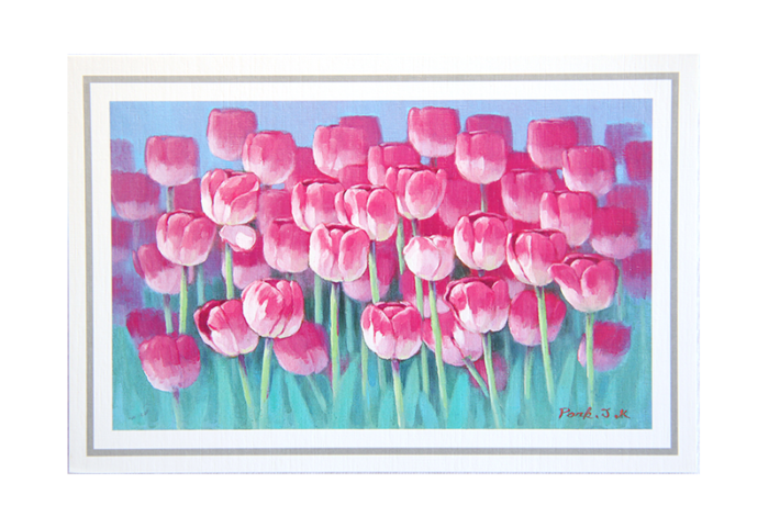 Kort med maleri av rosa tulipaner i blomst. Bilde.