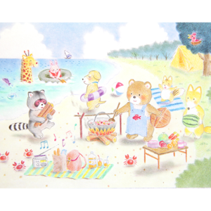 Kort med maleri av tegnede dyr som leker, griller og bader på stranden. Bilde.