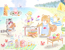 Kort med maleri av tegnede dyr som leker, griller og bader på stranden. Bilde.