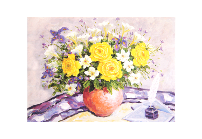 Kort med maleri av vase med gule roser. Bilde.