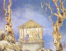 Kort med maleri av Jesusbarnet, Maria og de tre vise menn i et lite hus mellom to trær i måneskinn. Bilde.