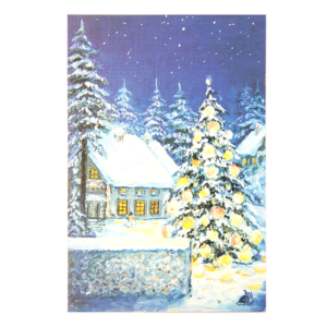 Kort med maleri av snødekket landskap og hus med et lysende juletre utenfor. Bilde.
