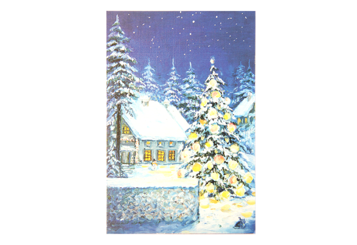 Kort med maleri av snødekket landskap og hus med et lysende juletre utenfor. Bilde.