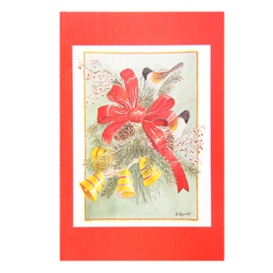 Kort med maleri av juledekorasjon beståenda ev bjeller, fugler og en rød sløyfe. Rød ramme rundt. Bilde.