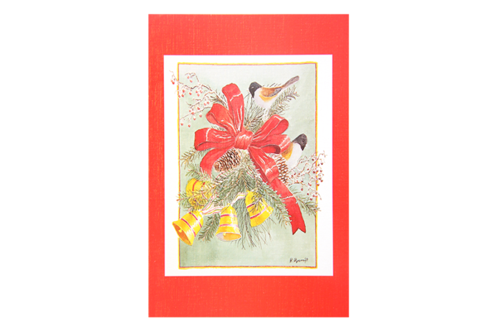 Kort med maleri av juledekorasjon beståenda ev bjeller, fugler og en rød sløyfe. Rød ramme rundt. Bilde.