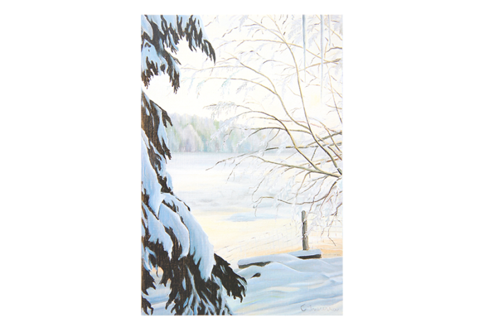 Kort med maleri av en snedekket elv og trær. Bilde.