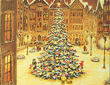 Kort i gull med maleri av et stort pyntet, lysende juletre på en plass i en by. Bilde.