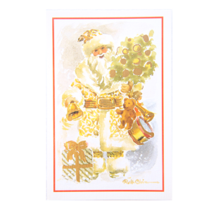 Kort med akvarell av gammeldags julenisse med leker, gaver, pyntet julegran og bjelle. Bilde.