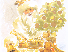 Kort med akvarell av gammeldags julenisse med leker, gaver, pyntet julegran og bjelle. Bilde.