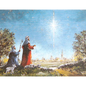 Kort med maleri av to gjetere og et lam som ser julestjernen over Betlehem. Bilde.