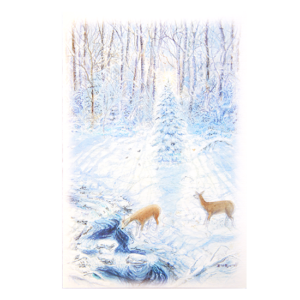 Kort med maleri av to rådyr som drikker fra en elv i en snødekt skog. Bilde.