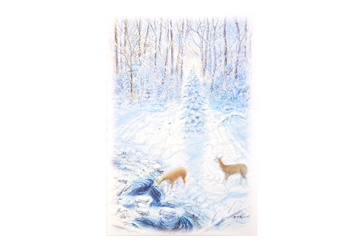 Kort med maleri av to rådyr som drikker fra en elv i en snødekt skog. Bilde.
