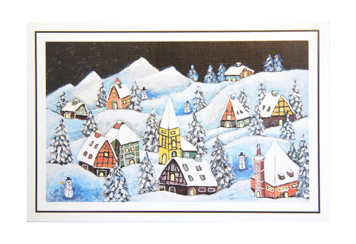 Kort med maleri av en landsby i snelandskap. To snømenn sees mellom husene. Bilde.