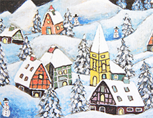 Kort med maleri av en landsby i snelandskap. To snømenn sees mellom husene. Bilde.