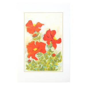 Kort med maleri av tre røde blomster. Bilde.