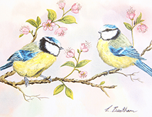 Kort med malerie av to småfugler på en gren med rosa blomster. Bilde.