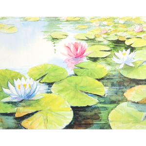 Kort med maleri av en rosa og hvite vannliljer på et vann. Bilde.
