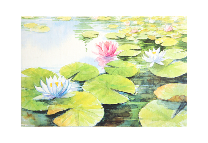 Kort med maleri av en rosa og hvite vannliljer på et vann. Bilde.