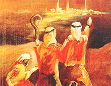 Kort med maleri av de tre vise menn som peker og følger julestjernen. En by sees i bakgrunnen. Gullramme. Bilde.