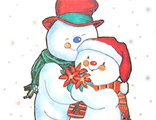 Kort med maleri av en snemann og en snedame som smiler og holder rundt hverandre. Bilde.