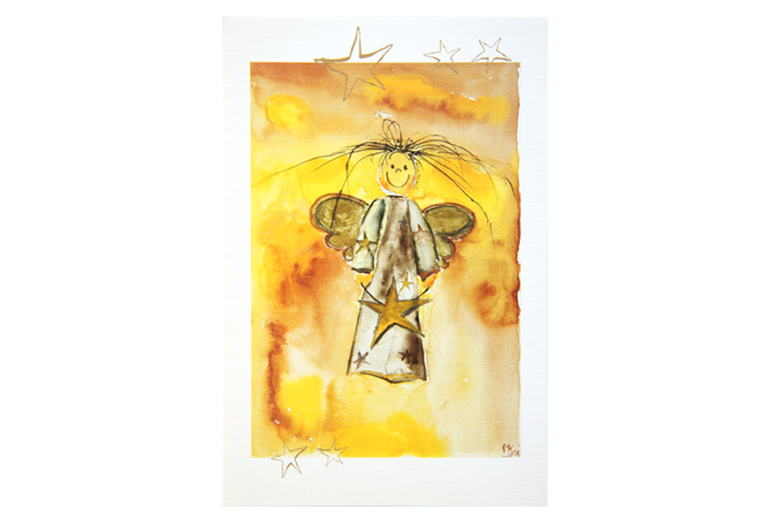 Kort i gull med maleri av en bustete, smilende engel. Hvit ramme. Bilde.