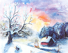 Kort med akvarell av en liten hytte i et snødekket landskap. Bilde.