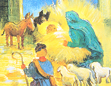 Kort med maleri av Jesusbarnet i krybben i stallen. Dyr og vise menn står rundt. Bilde.