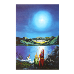 Kort med maleri av de tre vise menn som peker på julestjernen som lyser over Betlehem. Bilde.