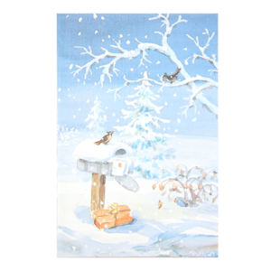 Kort med maleri av en postkasse i vinterlandskap med gaver og en fugl på toppen. Bilde.