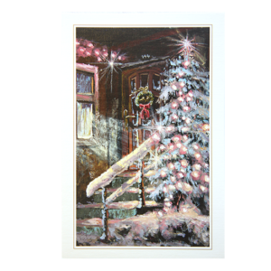 Kort med maleri av et snedekket, opplyst juletre forann en dør med julekrans. Bilde.