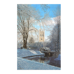 Kort med maleri av et slott i vinterlandskap med en elv og trær foran. Bilde.