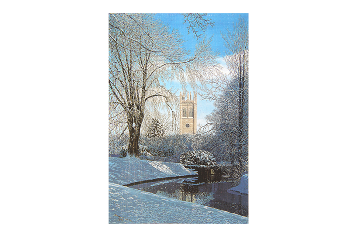 Kort med maleri av et slott i vinterlandskap med en elv og trær foran. Bilde.