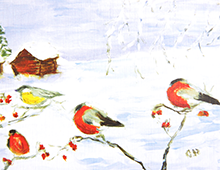 Kort med maleri av småfugler i vinterlandskap. Bilde.