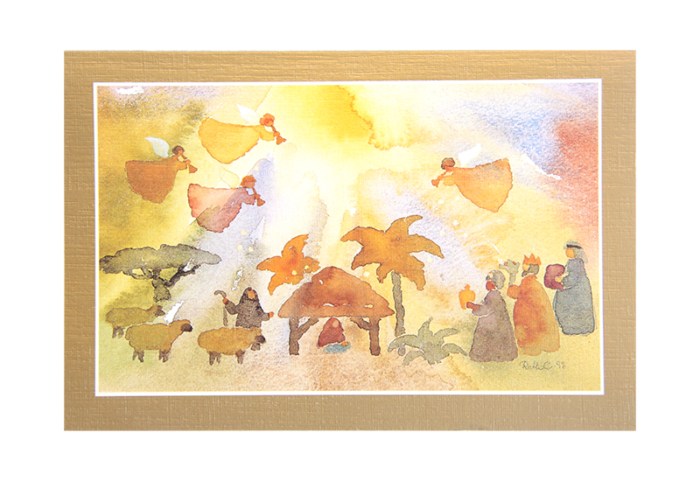 Kort med akvarell av Jesusbarnet i krybben med de tre vise menn, sauer og engler over. Bilde.