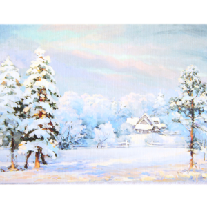 Kort med maleri av et lite hus i skogen i snedekket landskap. Bilde.