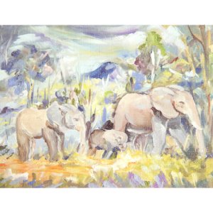 Kort med maleri av en elefantfamilie som er ute og går. Bilde.