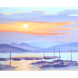 Kort med maleri av en havn med båter i solnedgang. Bilde.