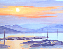 Kort med maleri av en havn med båter i solnedgang. Bilde.
