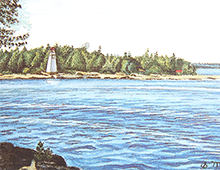 Kort med maleri av et kystlandskap med et fyrtårn. Bilde.