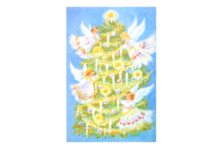 Kort med maleri av et lysende juletre og engler som pynter det. Bilde.