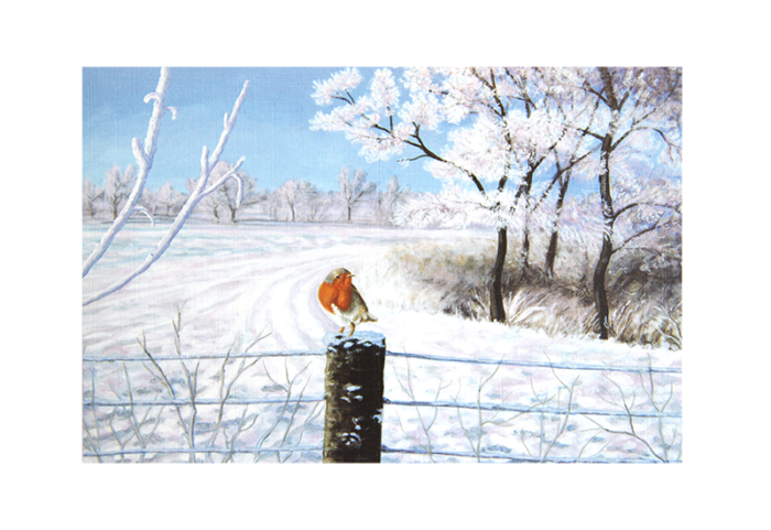 Kort med maleri av en liten fugl som sitter på et gjerde i vinterlandskap. Bilde.