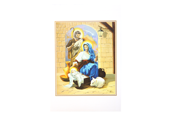 Kort med maleri av Jesusbarnet i krybben med Josef, Maria og et lam rundt. Bilde.