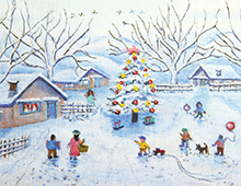 Kort med maleri av noen hus og trær og et stort, pyntet juletre. Barn leker i sneen. Bilde.