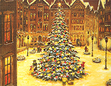 Kort med maleri av et stort pyntet juletre på en plass i en by. Ramme i gull. Bilde.