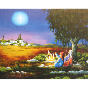 Kort med maleri av de tre vise menn som sitter ved et bål og peker på julestjernen. Bilde.